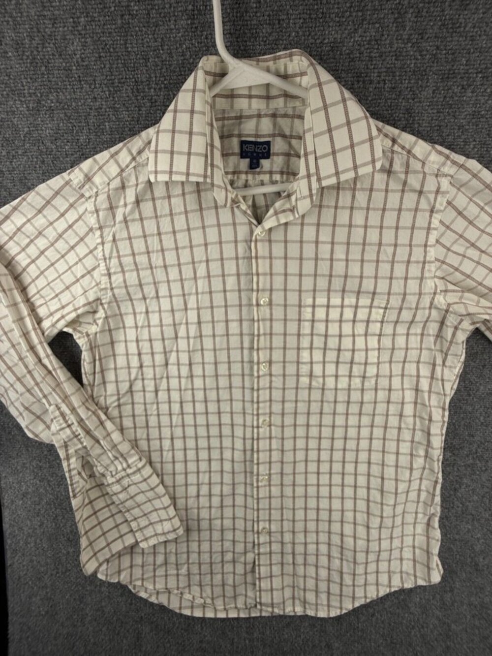 Kenzo Men Button Up Shirt Long Sleeve Cotton Designer White Brown Check 15.5 ***